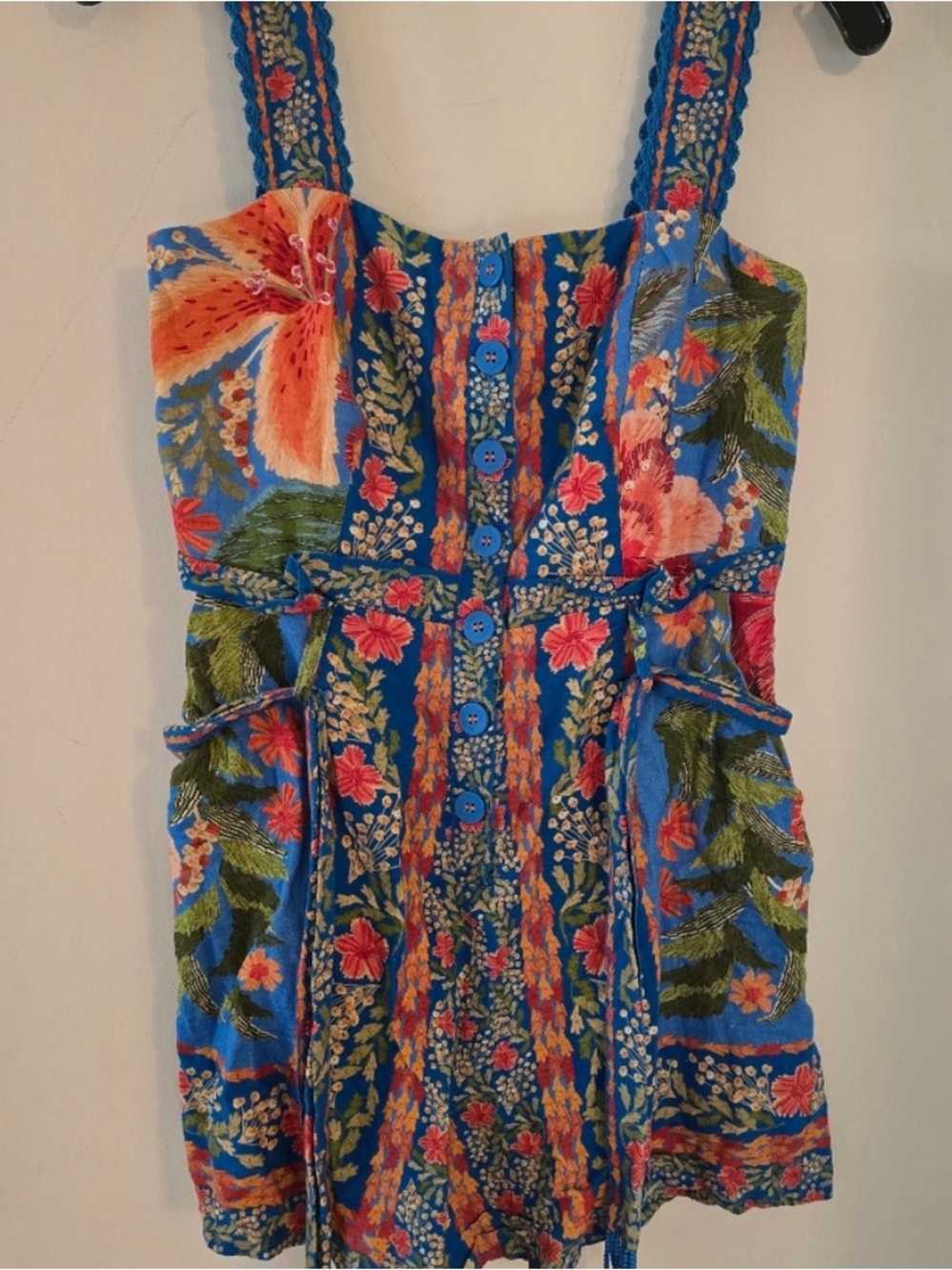 Farm Rio Blue Floral Button-Front Romper with Tie Waist - Picture 8 of 9